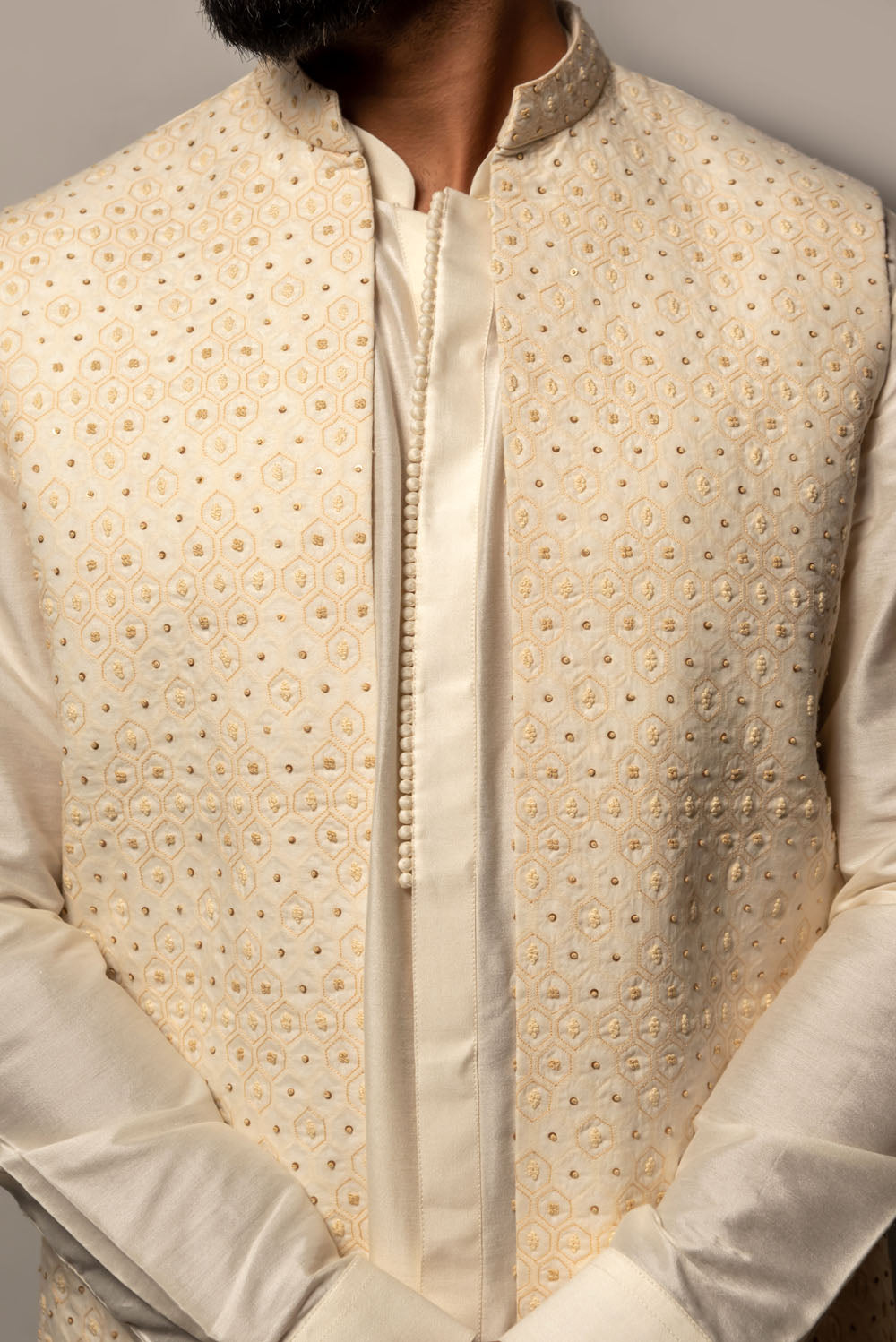 Ivory Embroidered Long Jacket With Kurta Set