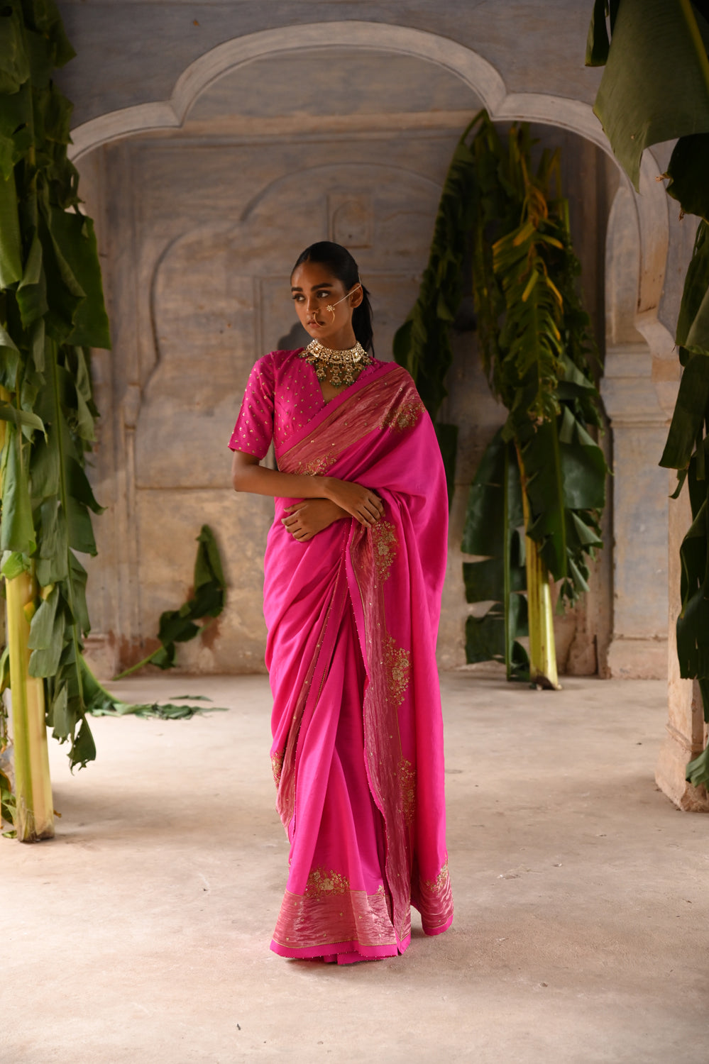 Fuchsia Pink color Mothra saree in Georgette fabric with Gotapatti, Resham,  Aari and Pearl all over | Kishori