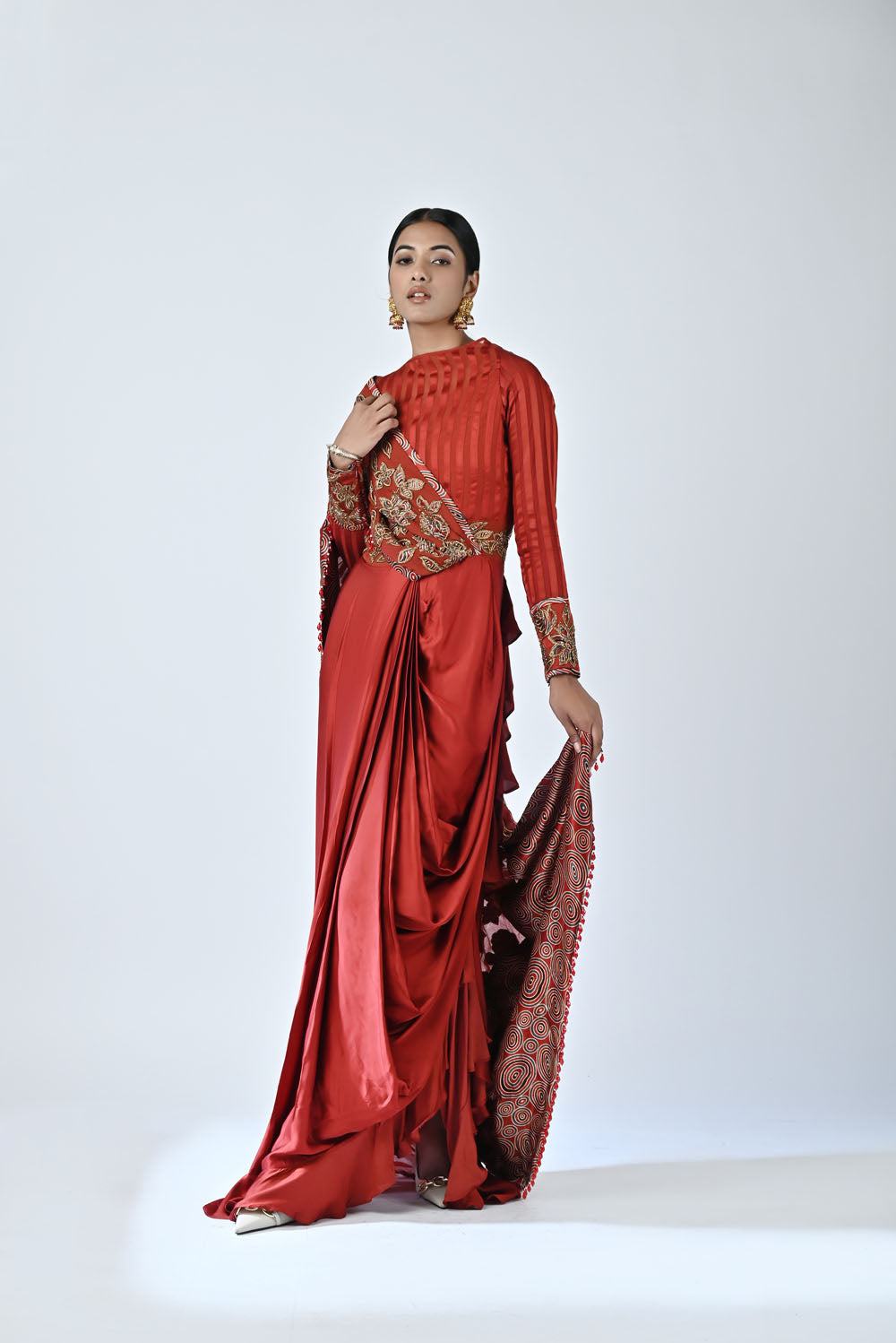 Plain Chiffon Ruby Red Saree With Organza Frills|SARV145319