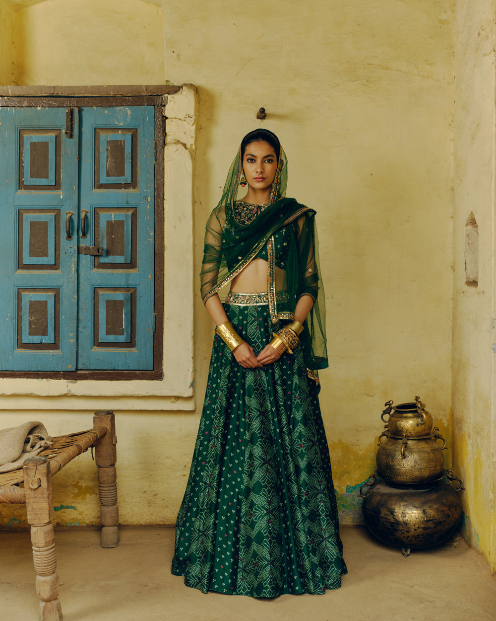 Bandhej Print & Aari Embroidered Lehenga Set