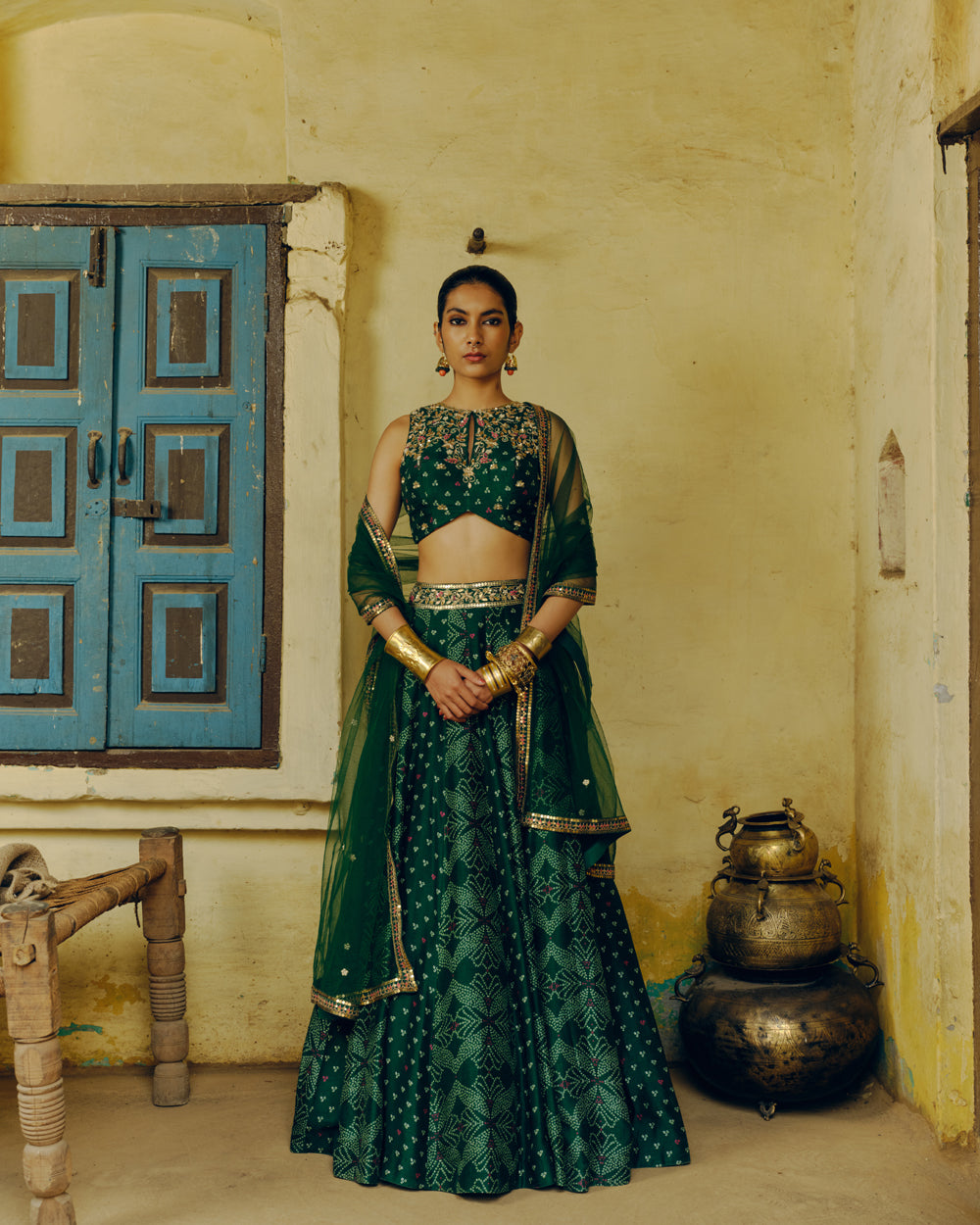 Bandhej Print & Aari Embroidered Lehenga Set