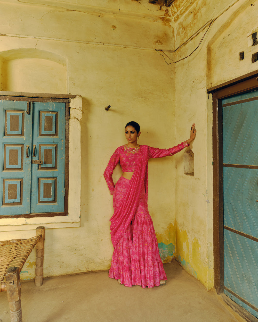 Bandhej Phool Print Pre-Draped Sharara Saree With Blouse