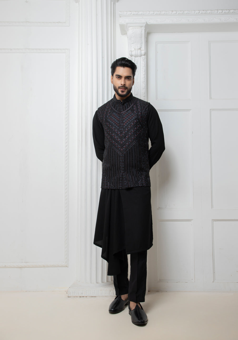 Black Embellished Jacket With Draped Kurta Set