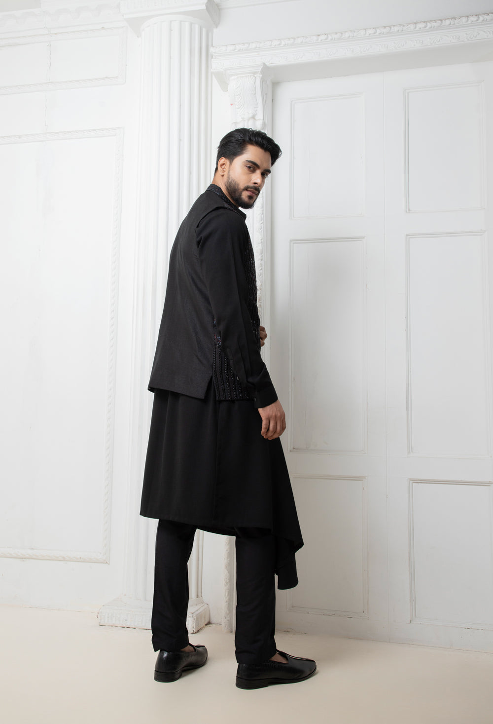 Black Embellished Jacket With Draped Kurta Set