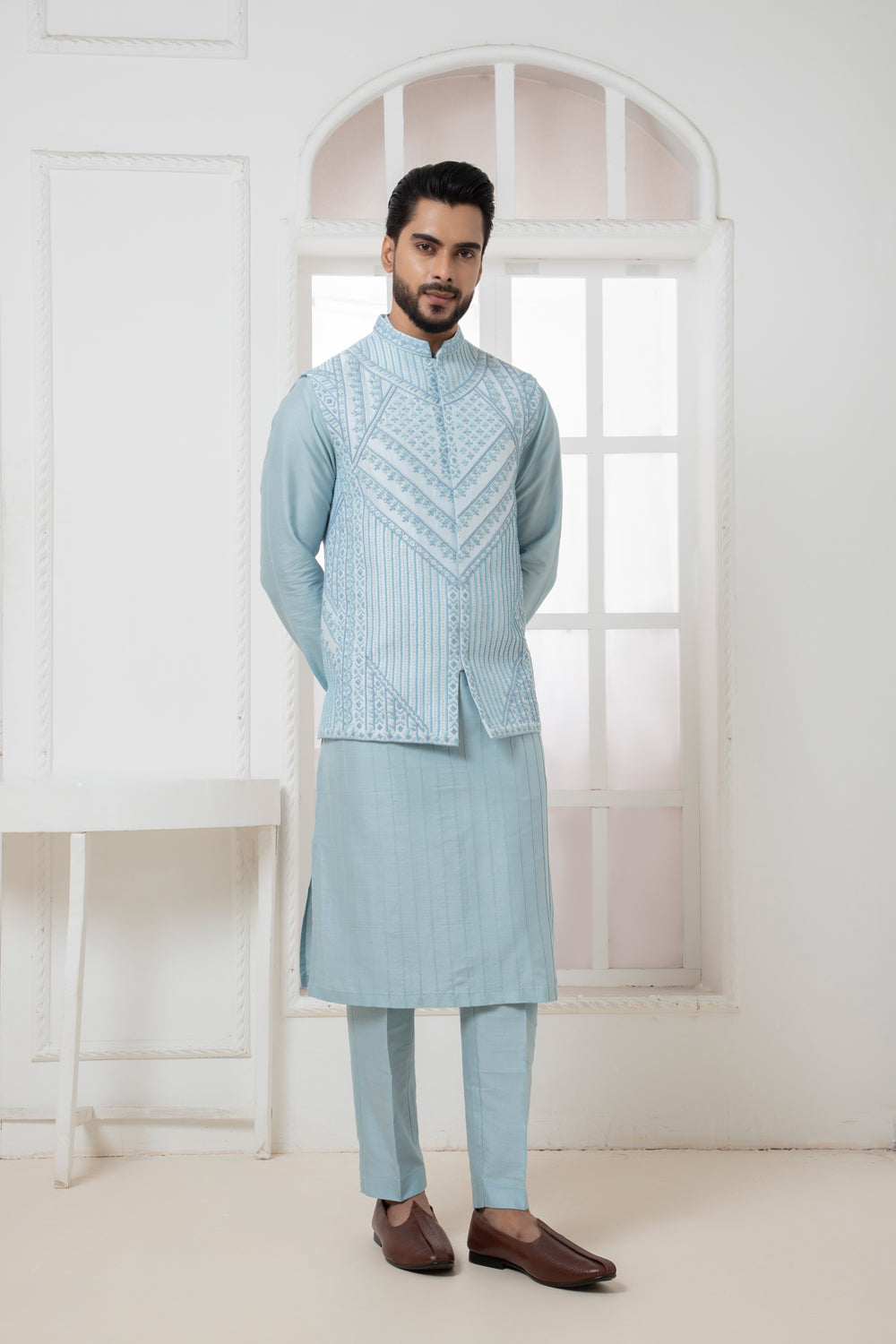 Blue Geometric Jacket With Kurta Set