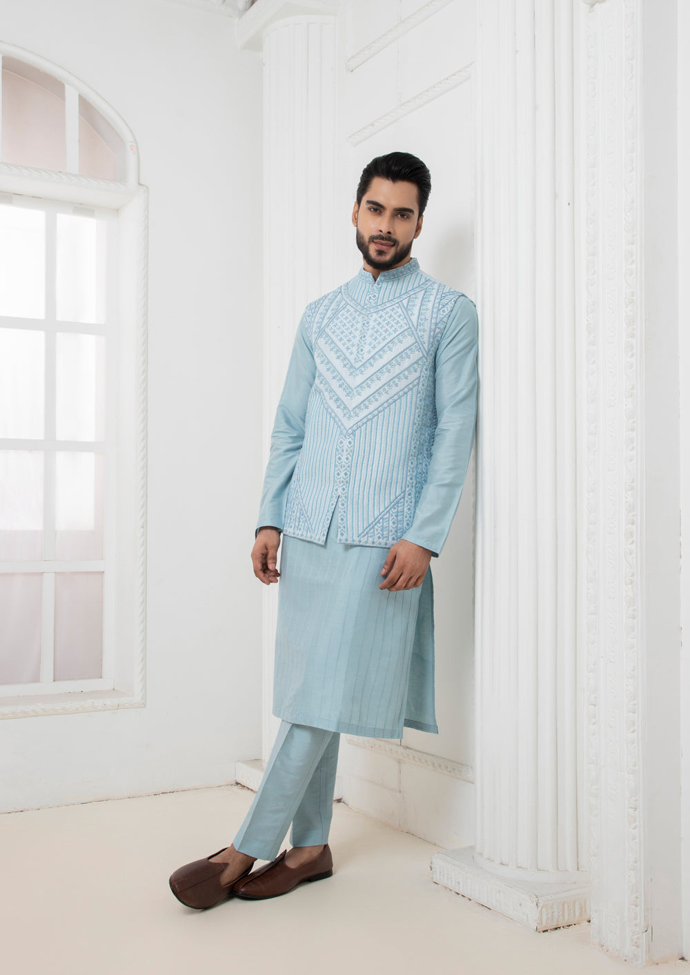 Blue Geometric Jacket With Kurta Set