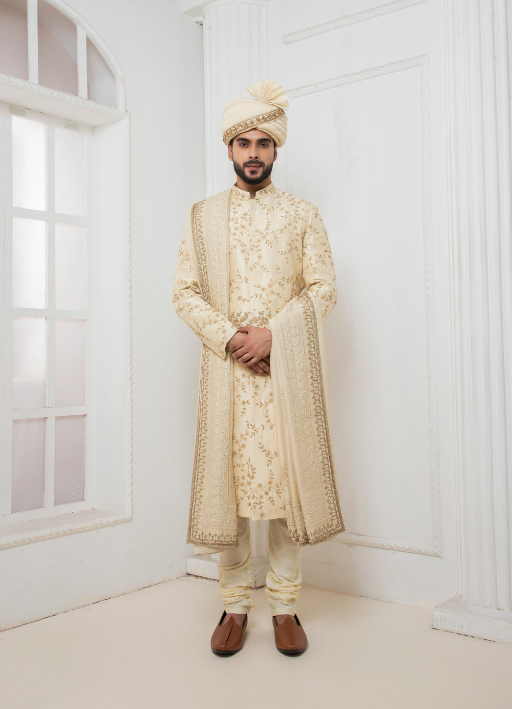 Beige Floral Zardosi Sherwani