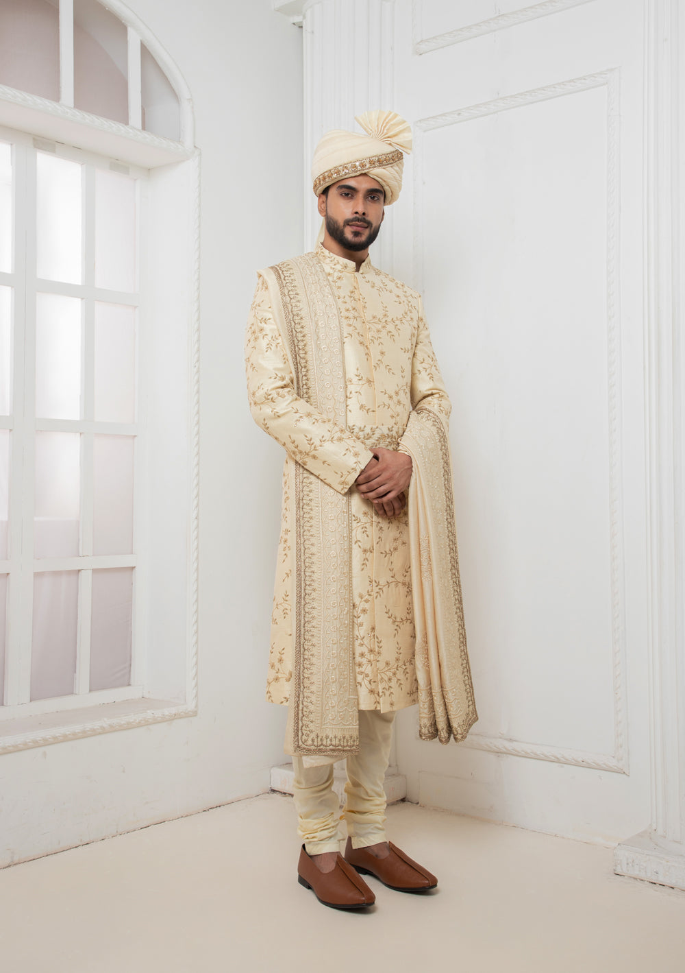 Beige Floral Zardosi Sherwani