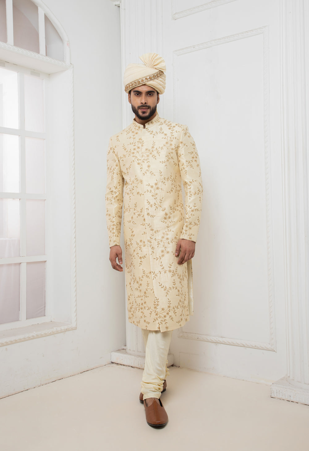 Beige Floral Zardosi Sherwani