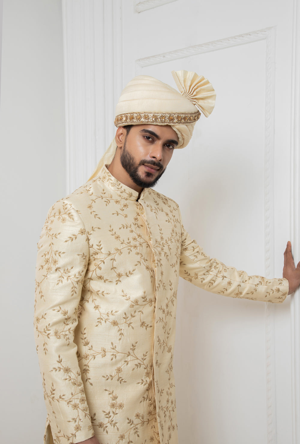 Beige Floral Zardosi Sherwani