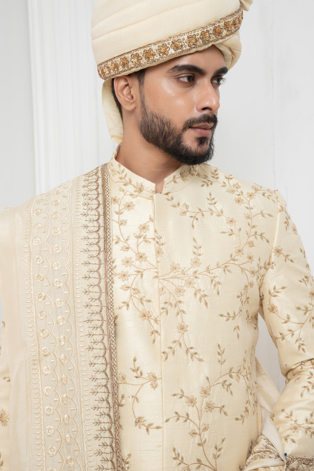 Beige Floral Zardosi Sherwani