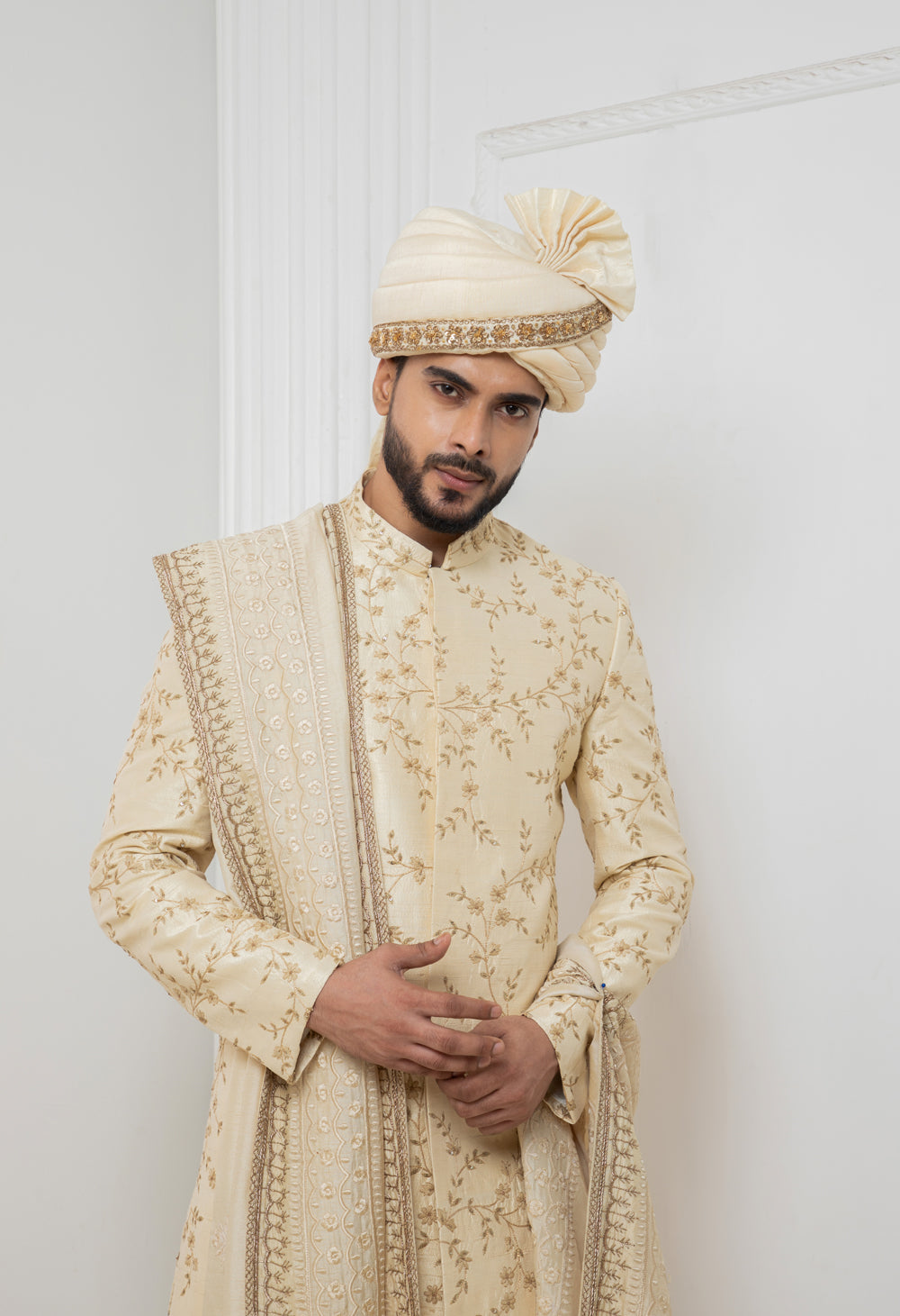 Beige Floral Zardosi Sherwani