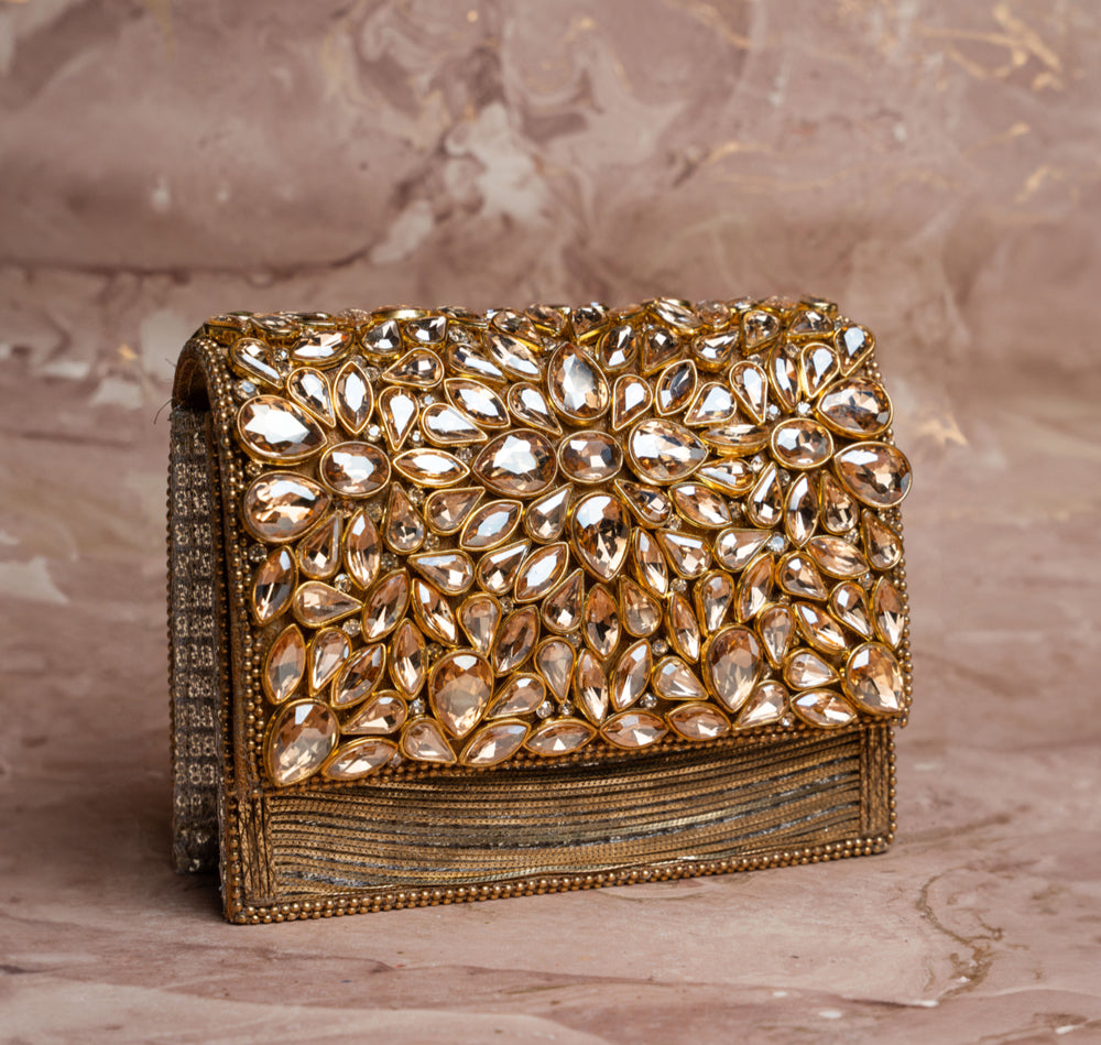 Gold Silk Embroidered Box Clutch