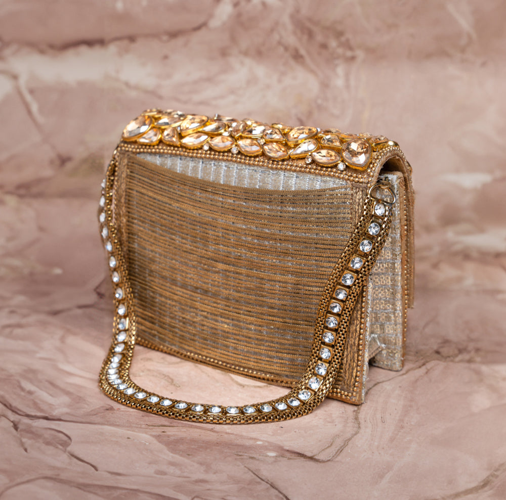 Gold Silk Embroidered Box Clutch