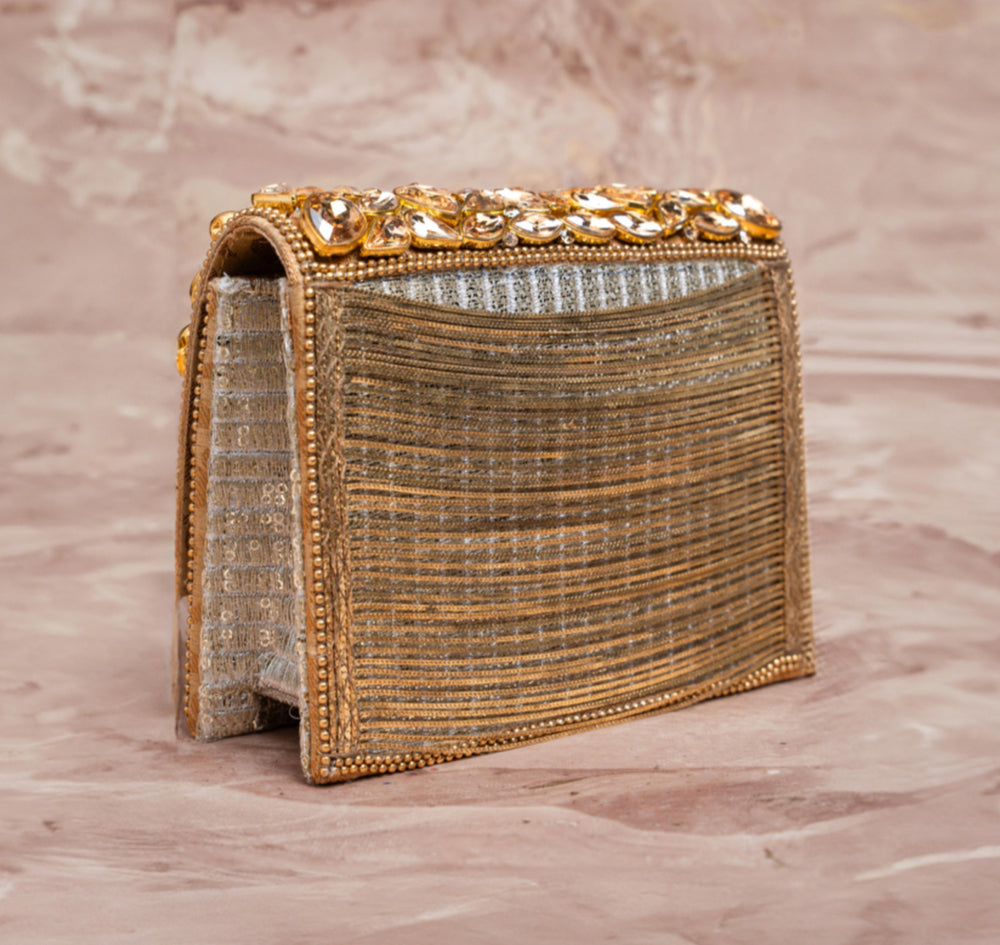 Gold Silk Embroidered Box Clutch