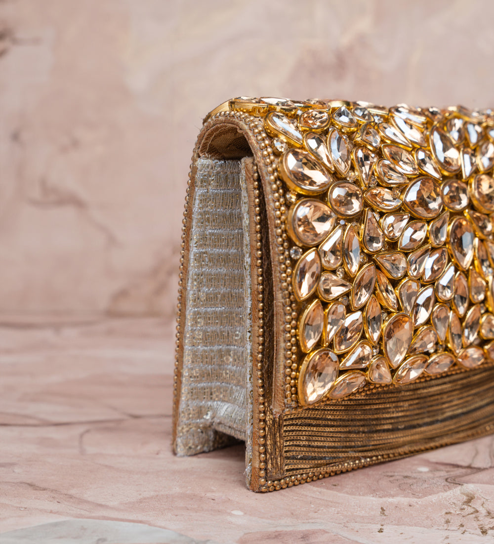 Gold Silk Embroidered Box Clutch