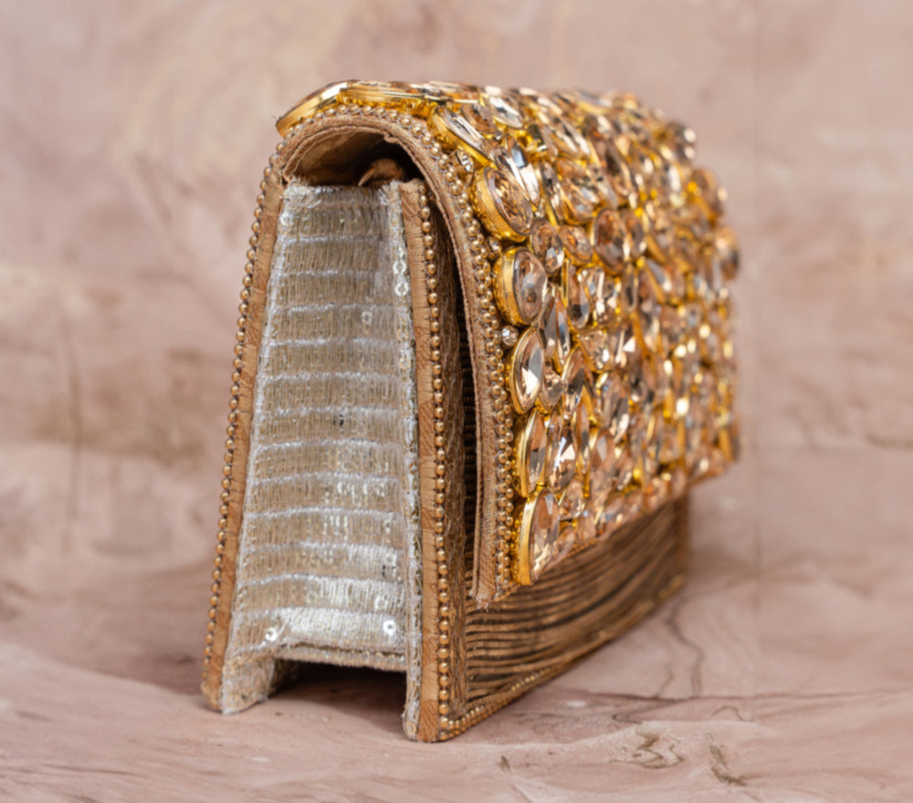 Gold Silk Embroidered Box Clutch