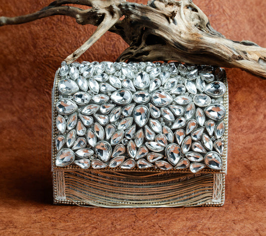 Silver Silk Embroidered Box Clutch