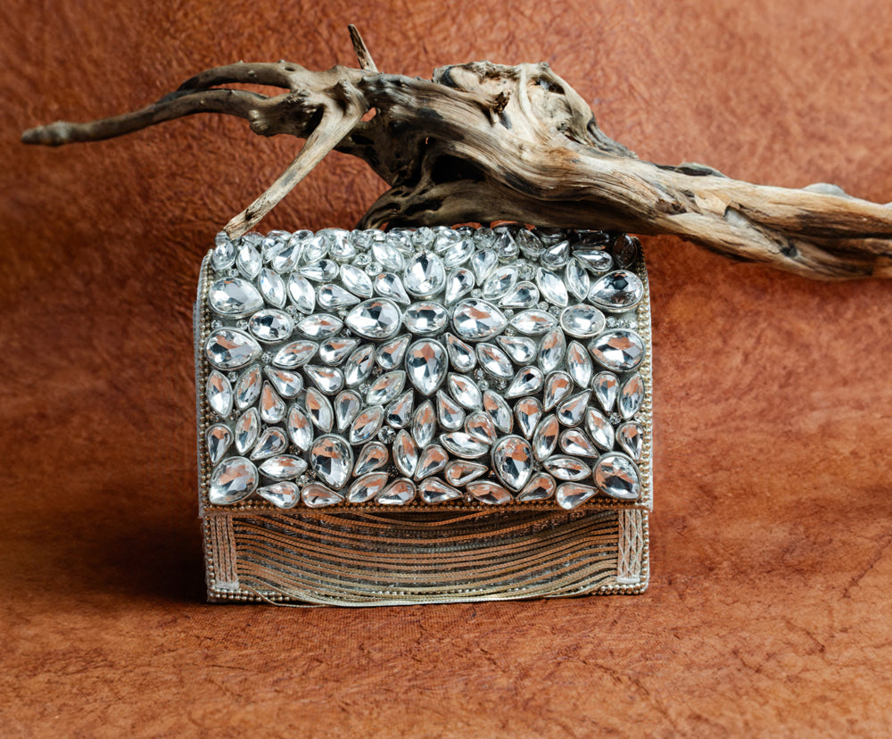 Silver Silk Embroidered Box Clutch