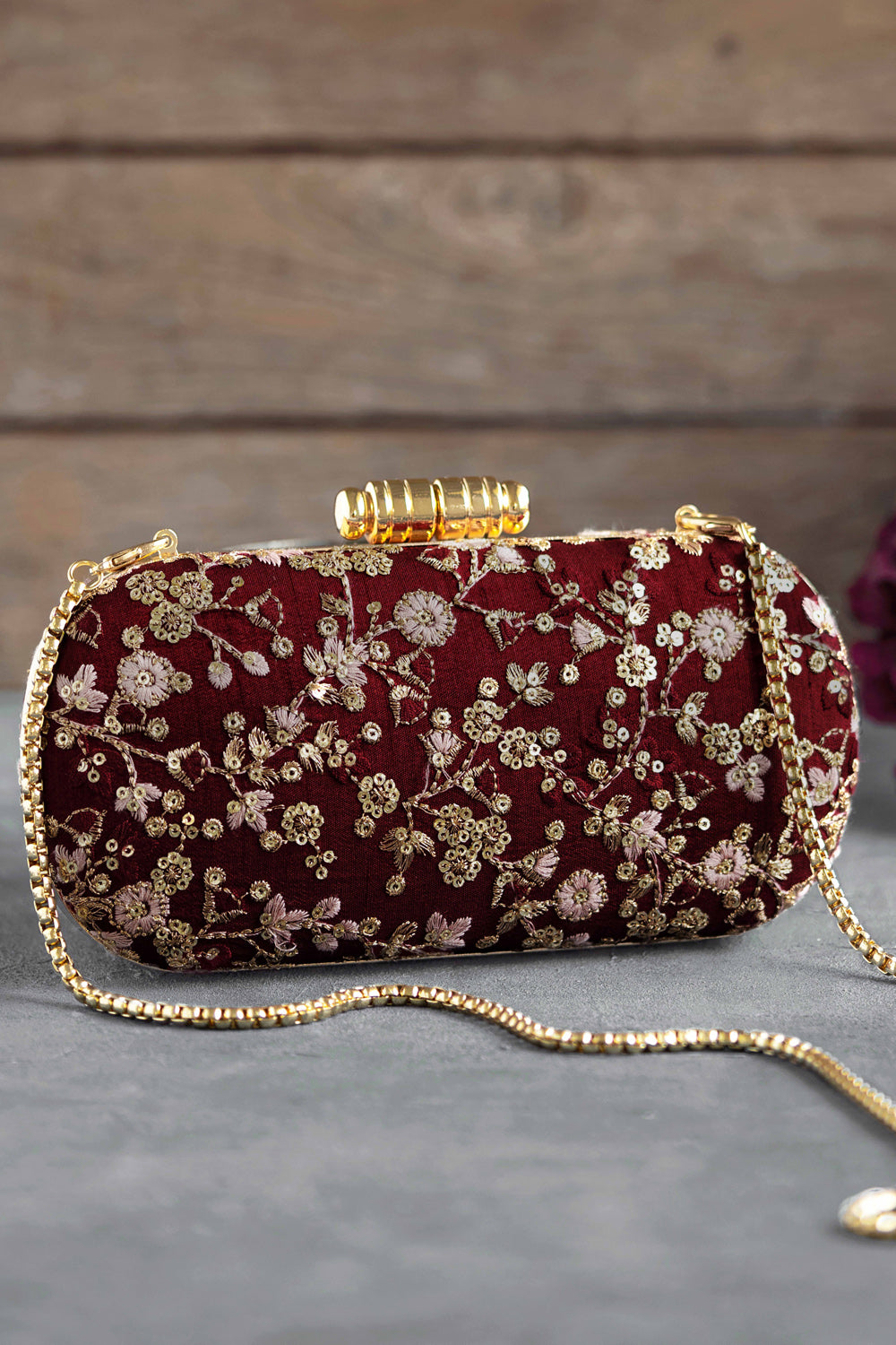 Elan Maroon Silk Capsule Clutch