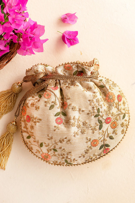 Floral Creeper Cream Potli Bag