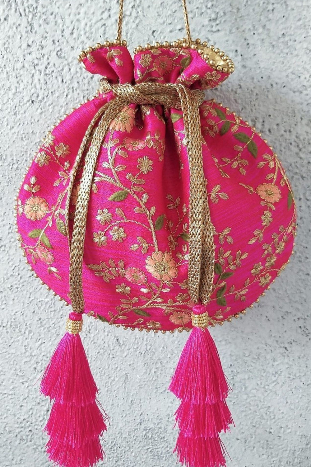 Floral Creeper Pink Potli Bag