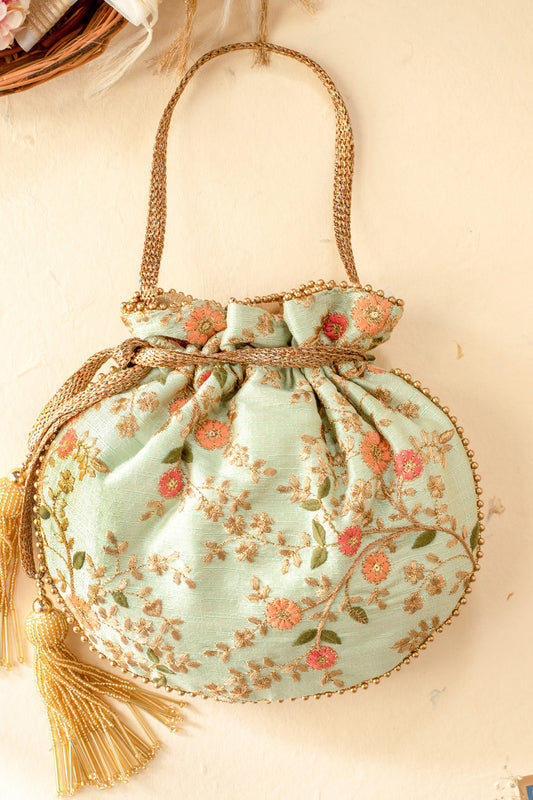 Floral Creeper Potli Bag Mint