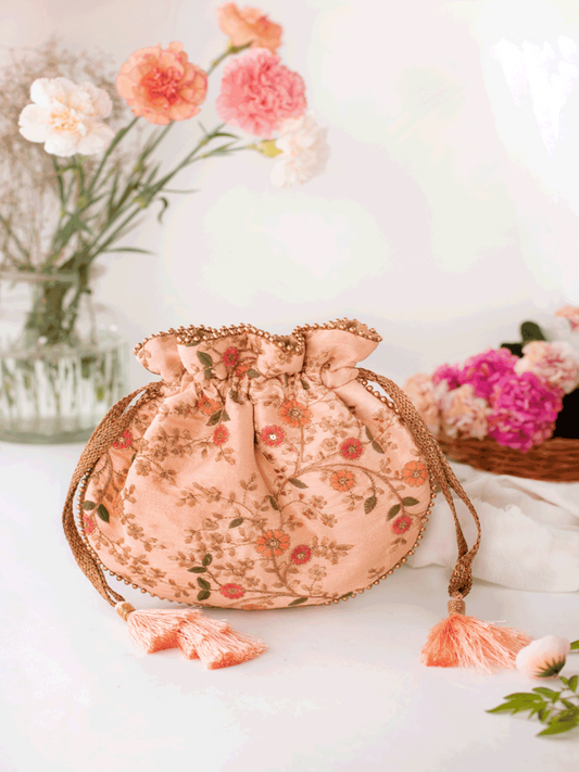 Floral Creeper Potli Bag Peach