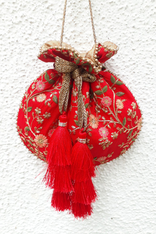 Floral Creeper Red Potli Bag