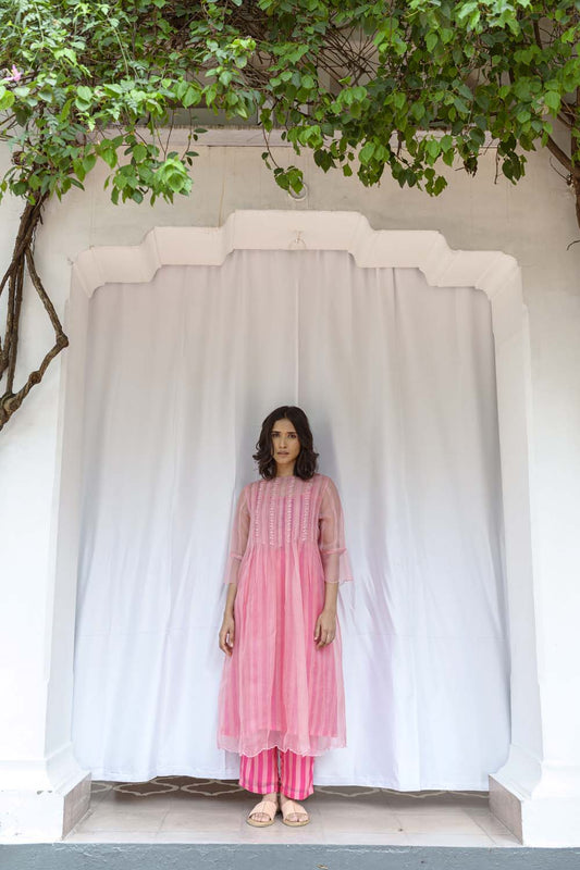 Box Pleated Embroidery Organza Kurta