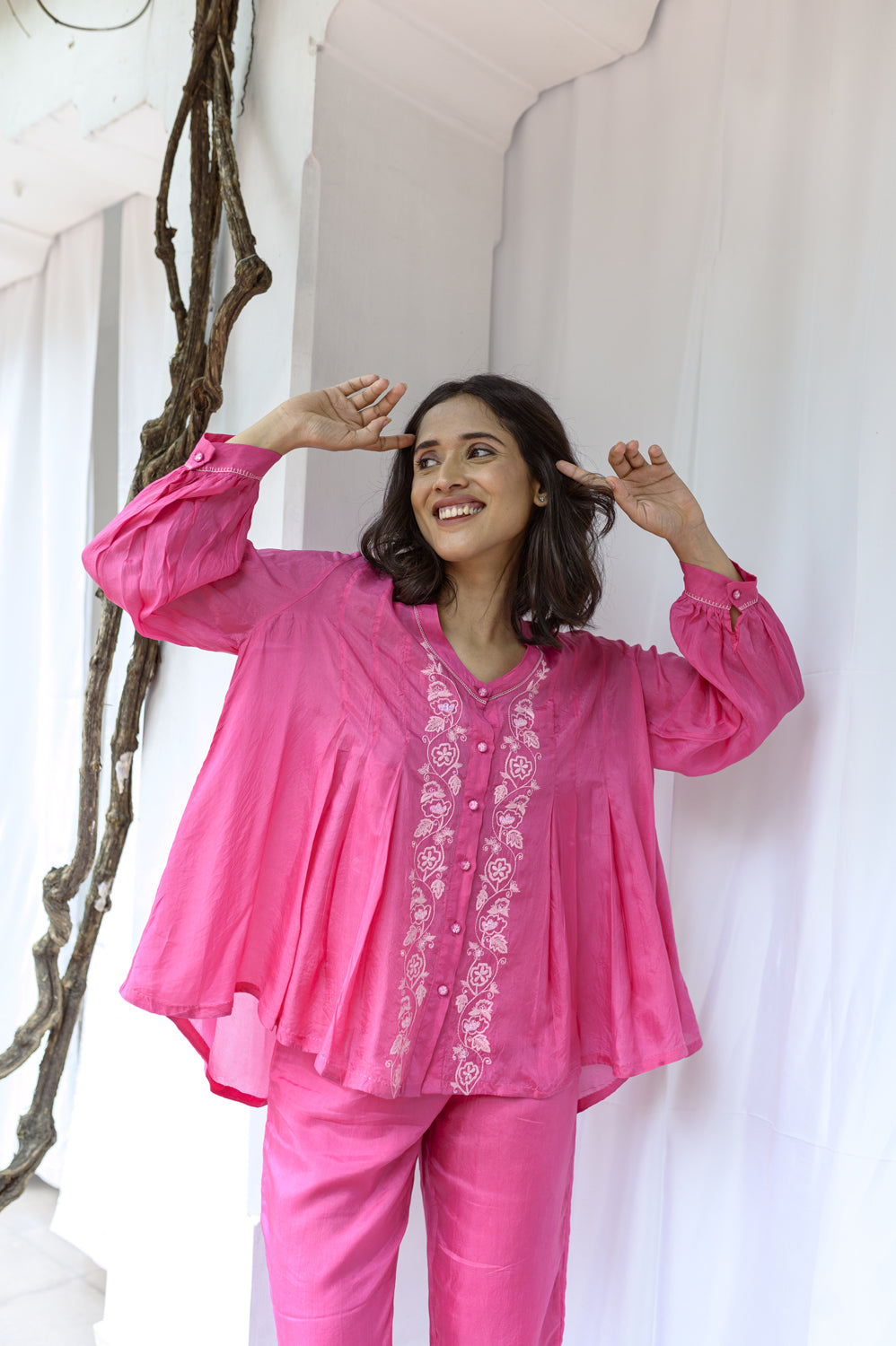 Pink Pleated Embroidery Top