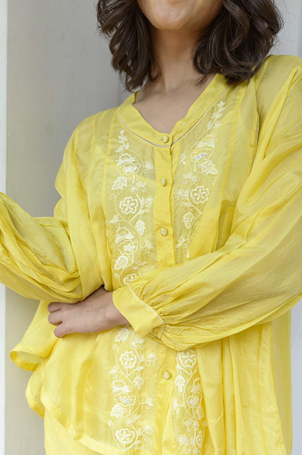 Yellow Pleated Embroidery Top