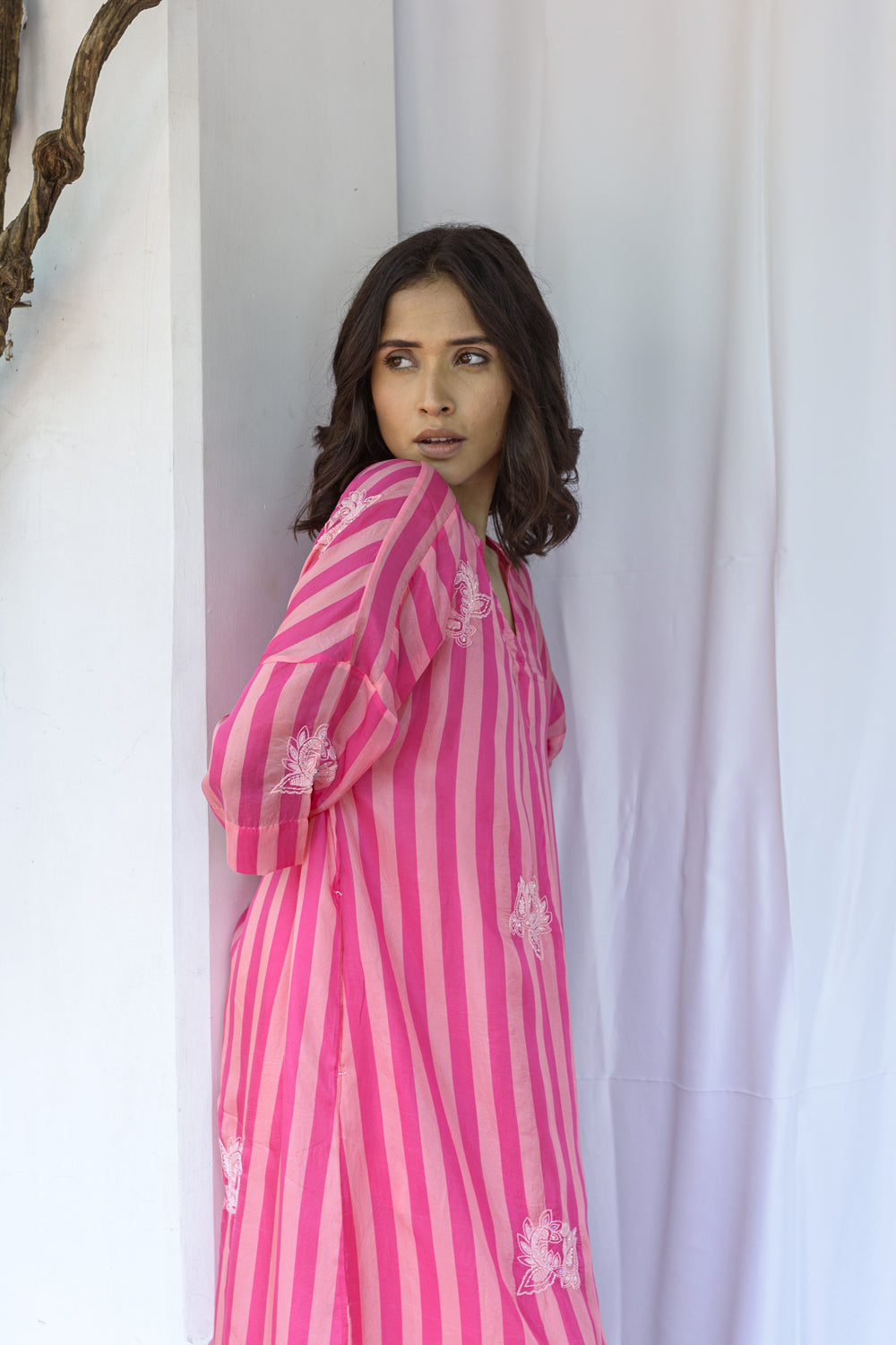 Stripe Kurta With Hand Embroidery