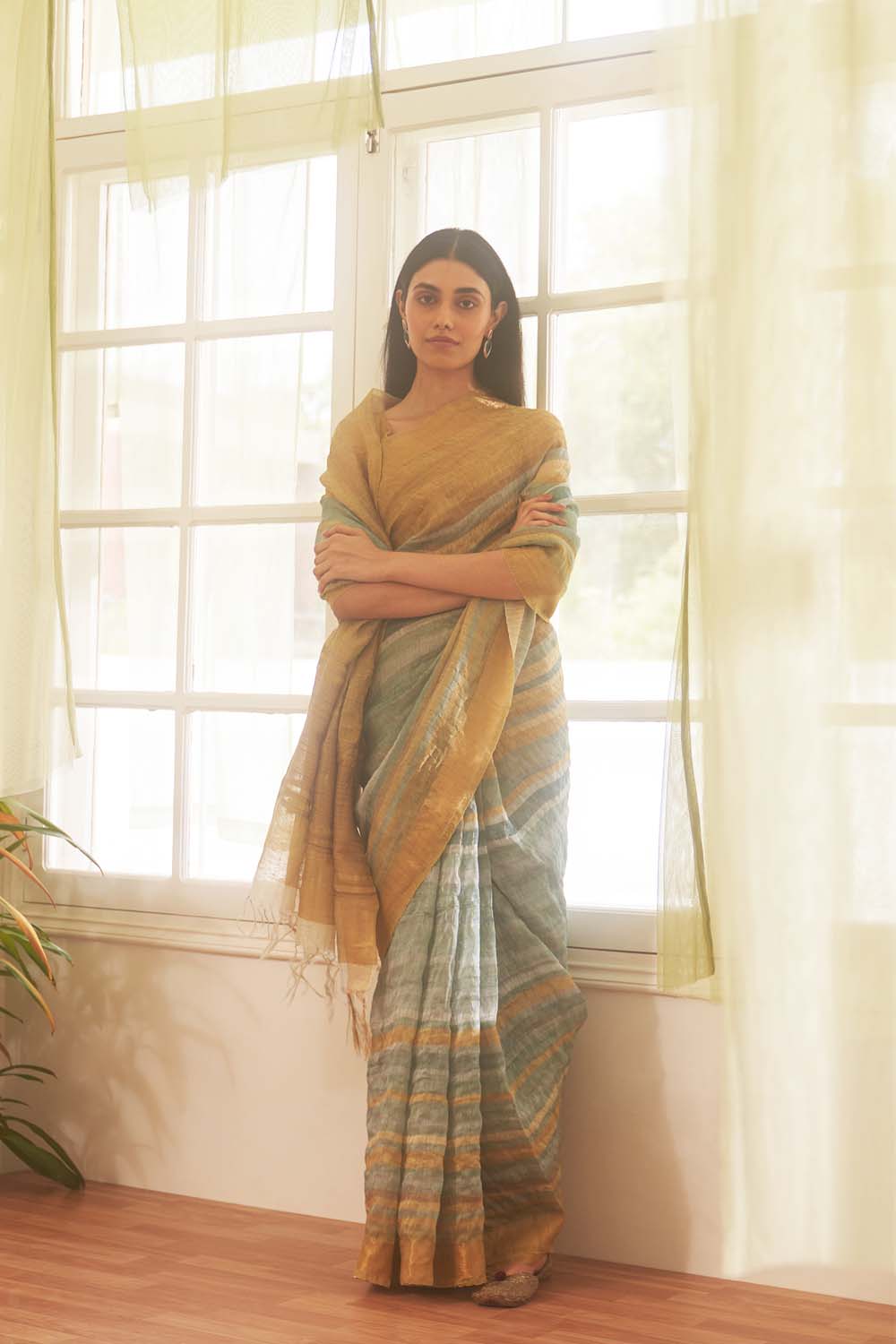 Blue Ochre Digital Print Stripe Saree