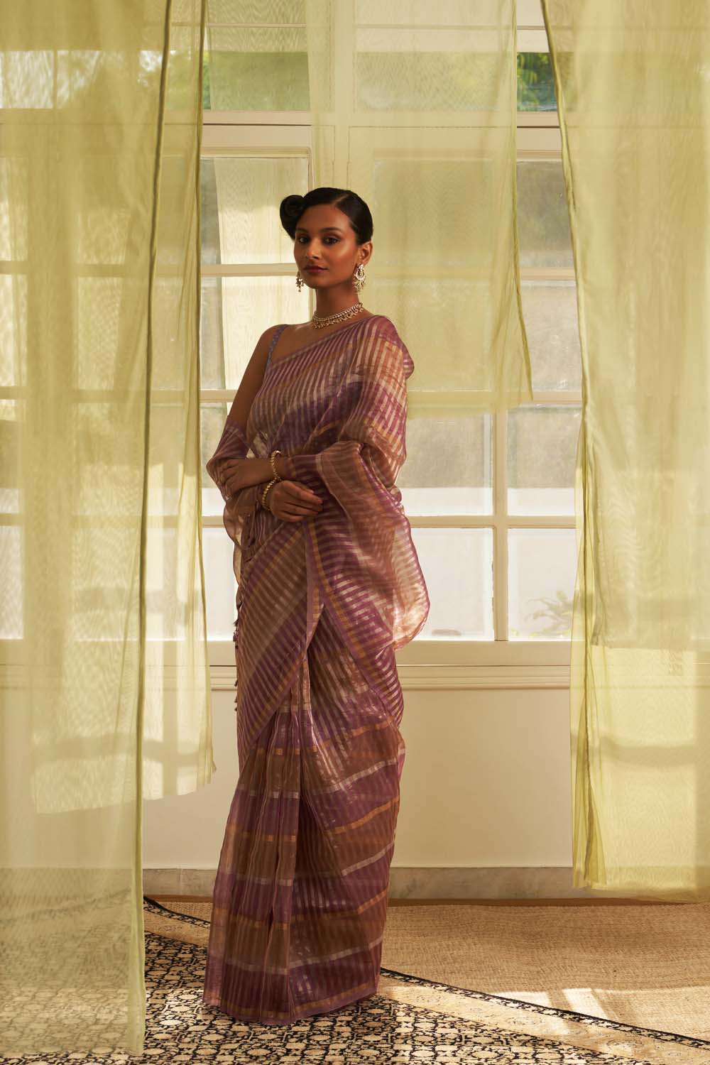 Purple silver gold stripe woven saree