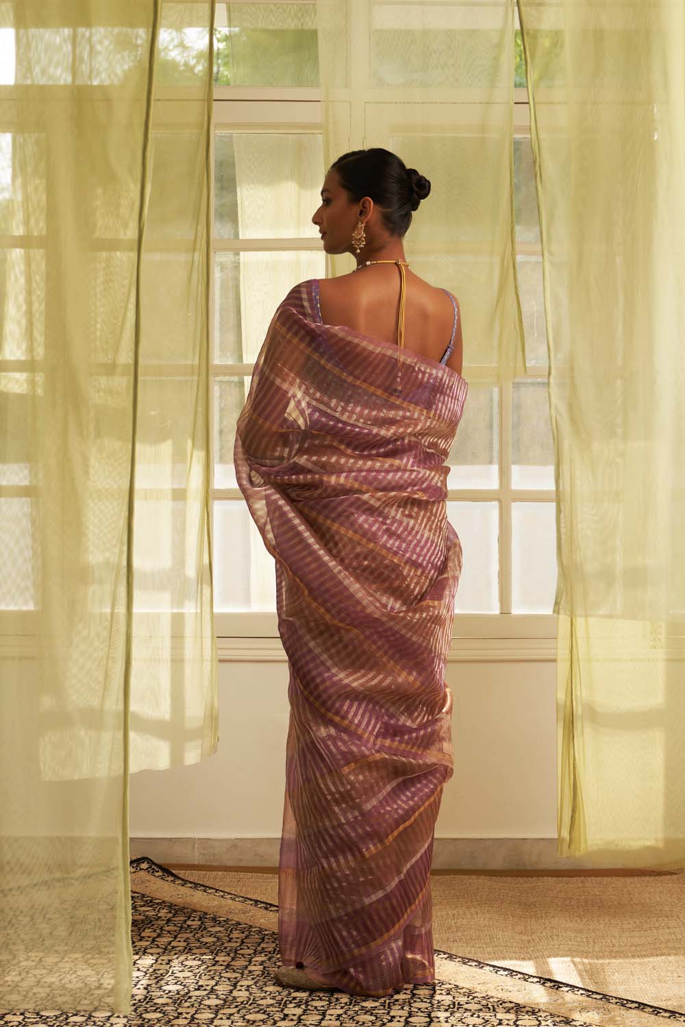 Purple silver gold stripe woven saree