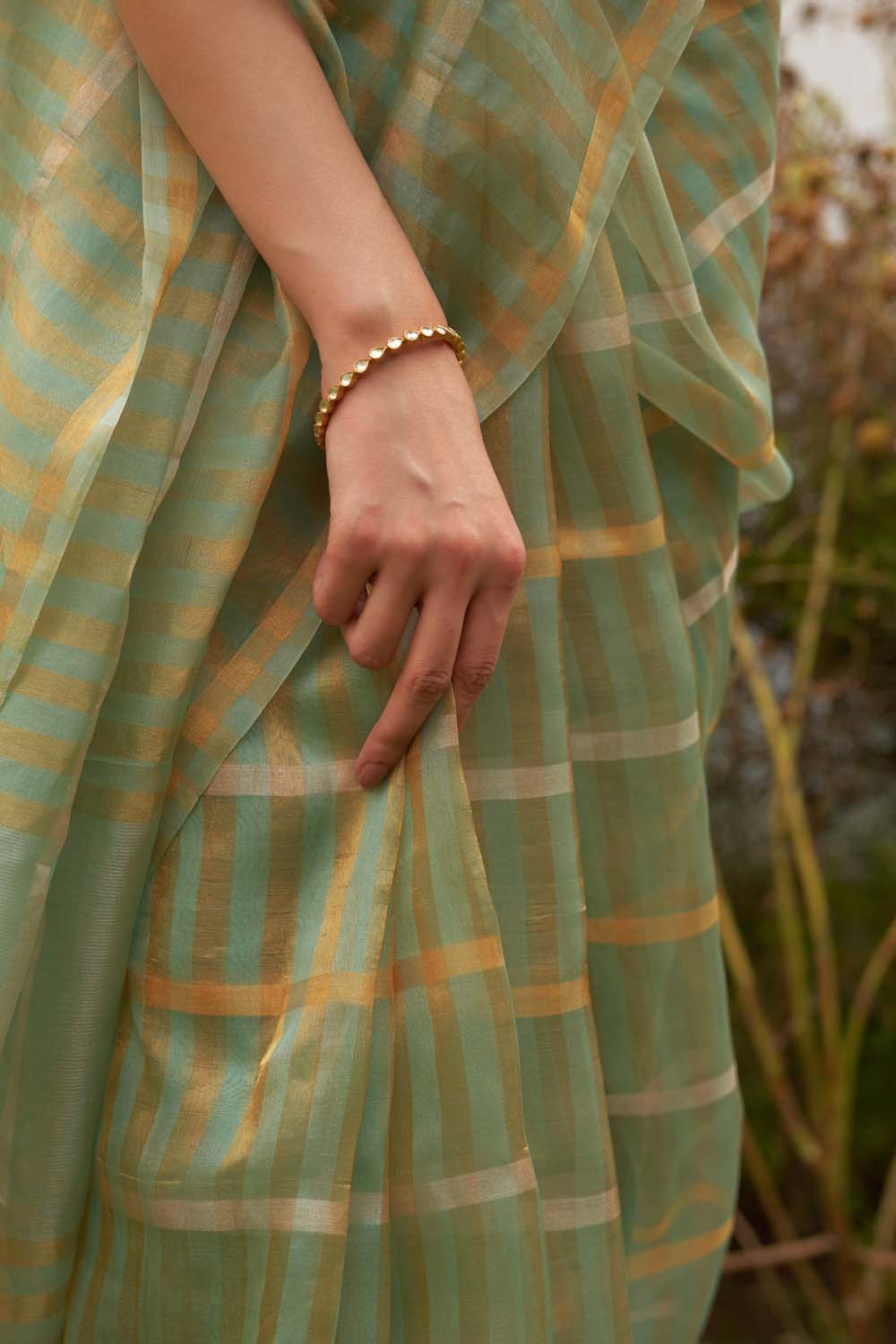Green silver gold stripe woven saree