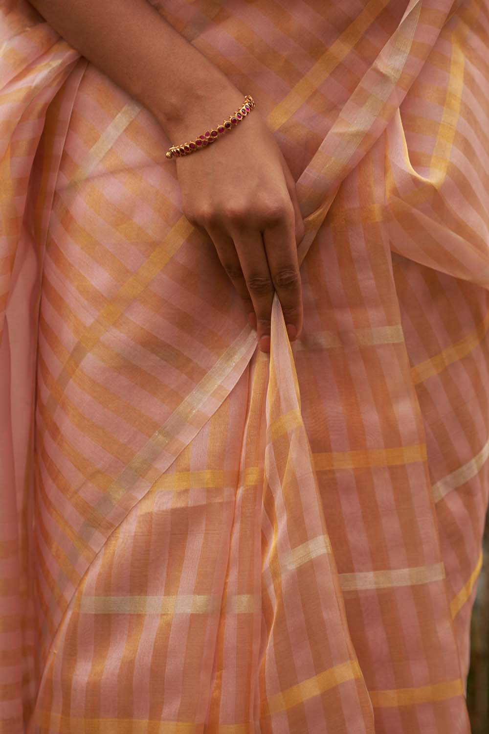 Peach silver gold stripe woven saree