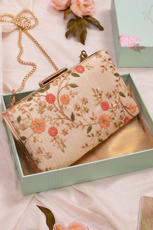 Floral Creeper Box Clutch Cream