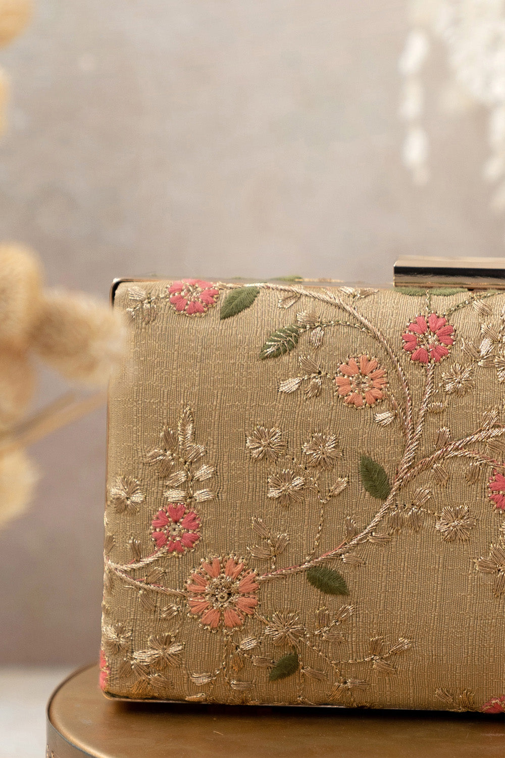 Floral Creeper Box Clutch Gold