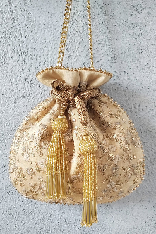 Gold Floral Potli Bag With Metal Sling