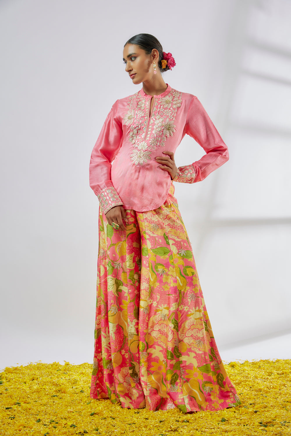 Pink Tussar Floral Print Pant Set