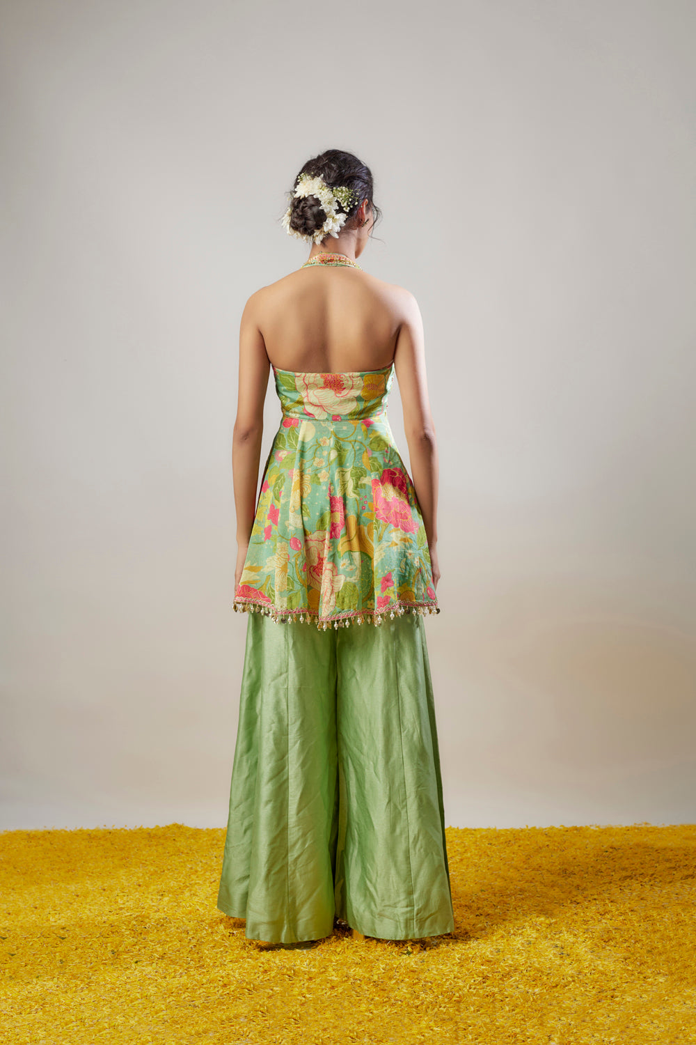 Green Satin Floral Printed Skirt Set