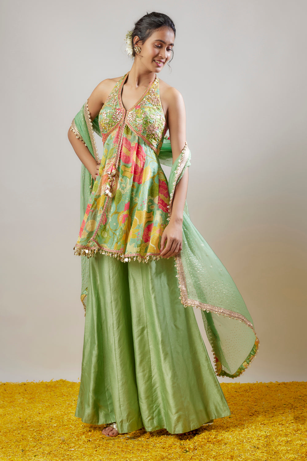 Green Satin Floral Printed Skirt Set