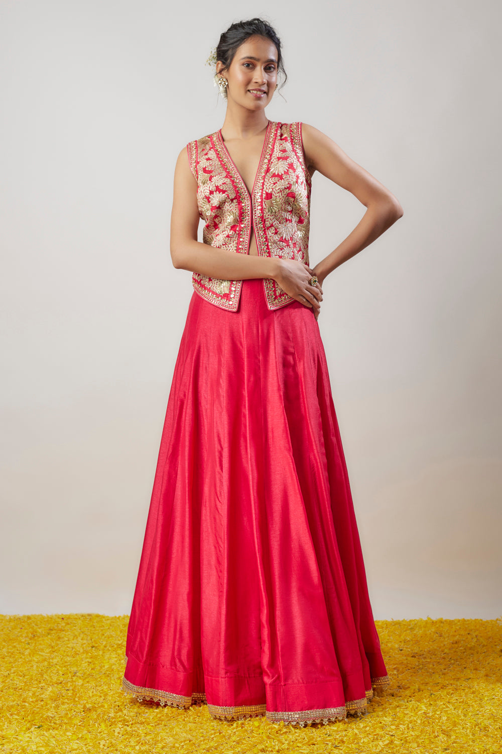 Red Tussar Flared Skirt Set