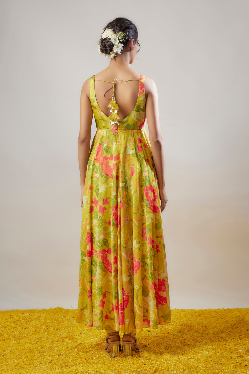 Yellow Chiffon Floral Printed & Embroidered Anarkali Set