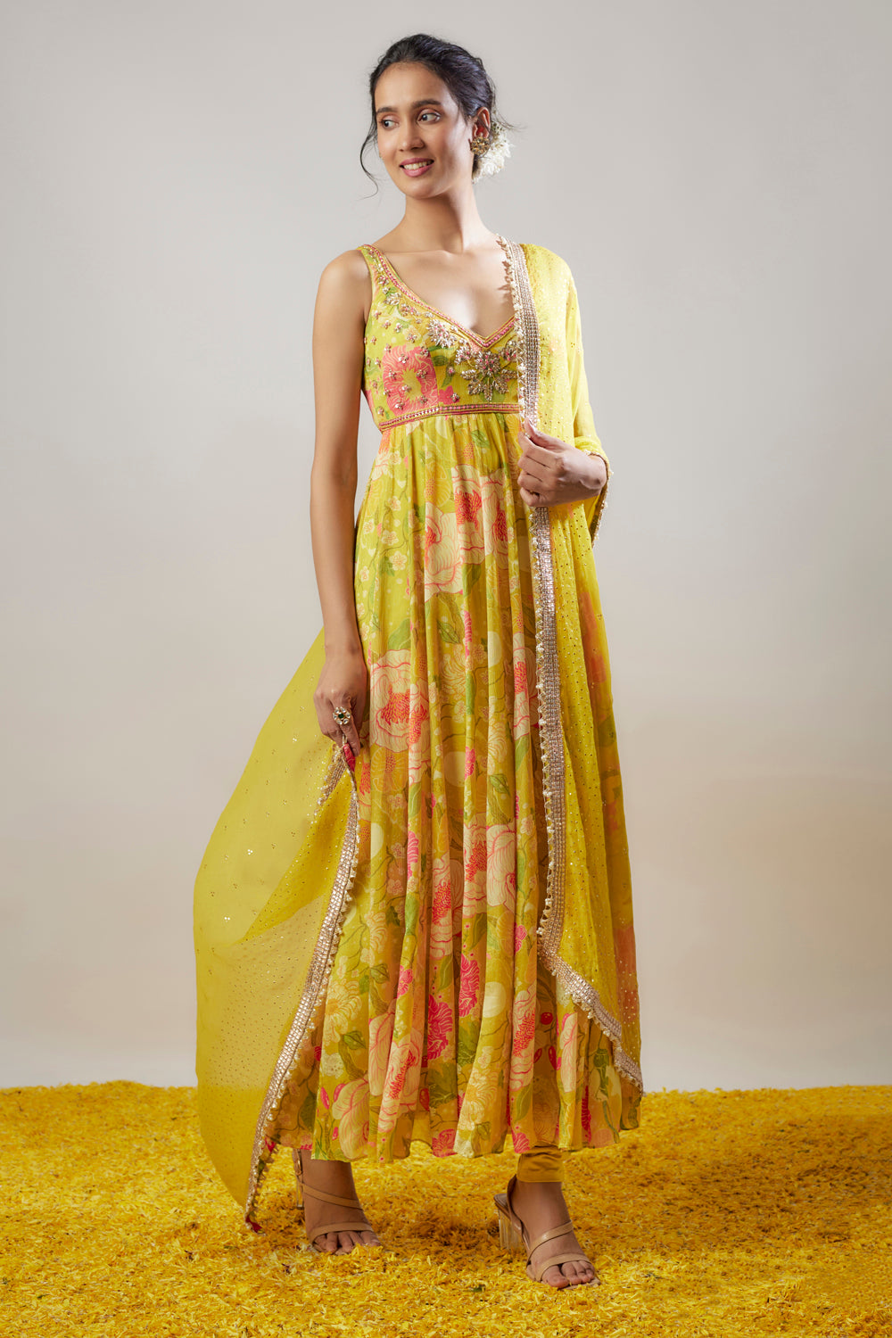 Yellow Chiffon Floral Printed & Embroidered Anarkali Set