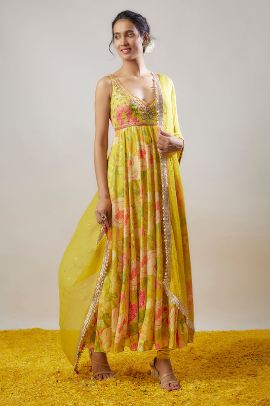 Yellow Chiffon Floral Printed & Embroidered Anarkali Set