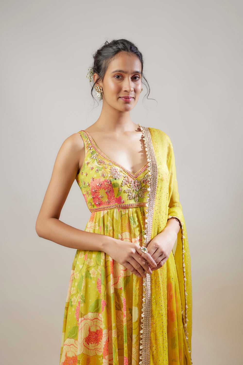 Yellow Chiffon Floral Printed & Embroidered Anarkali Set