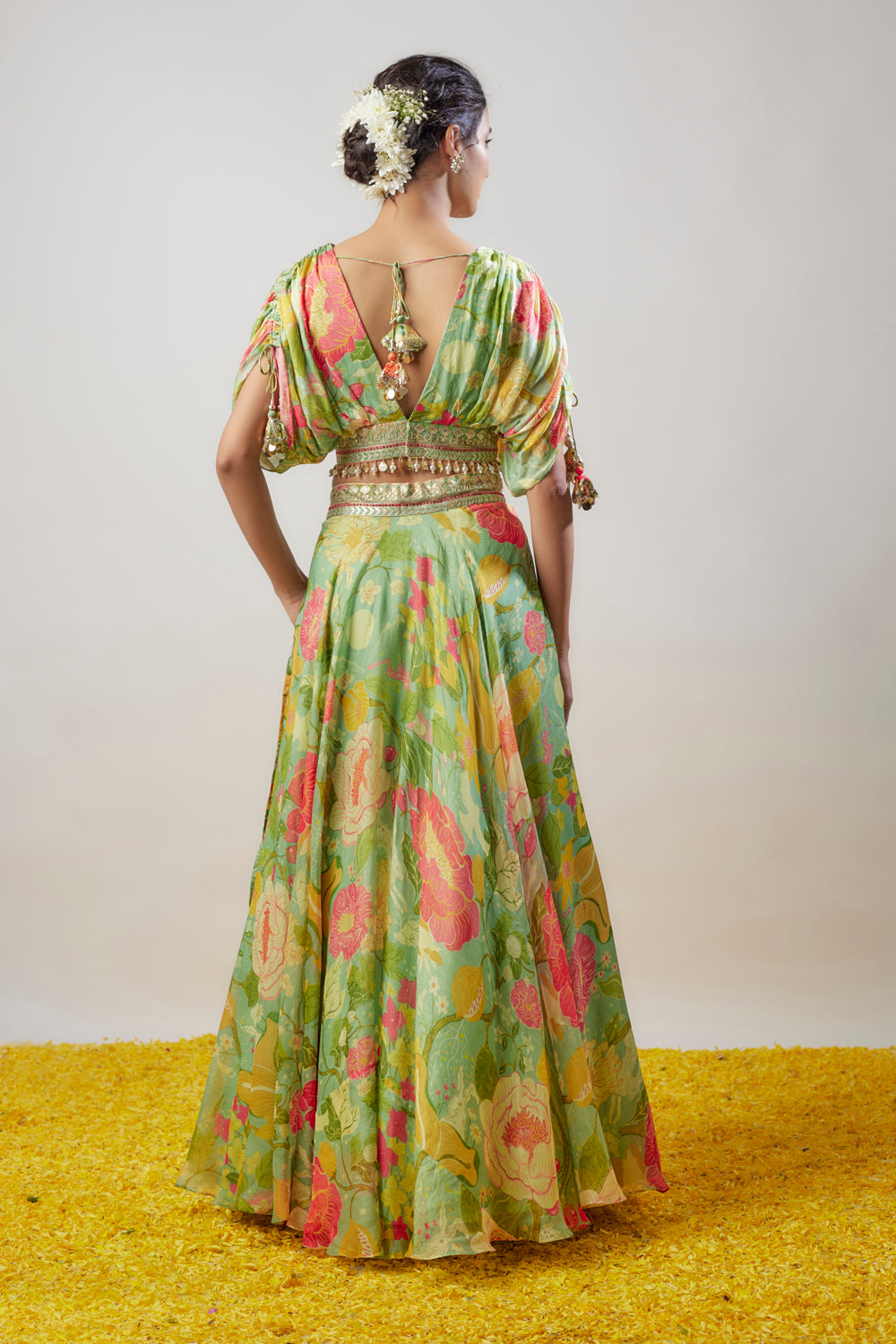 Mint Green Satin Floral Printed Lehenga Set